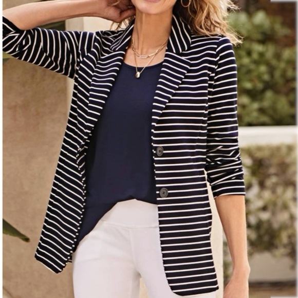 J. Jill Jackets & Blazers - J. Jill Wearever Collection Navy White Striped Seamed Knit Blazer size XL